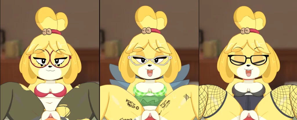 3 Screenshots from the game showing Isabelle Enjoying herself as Island Secretary
