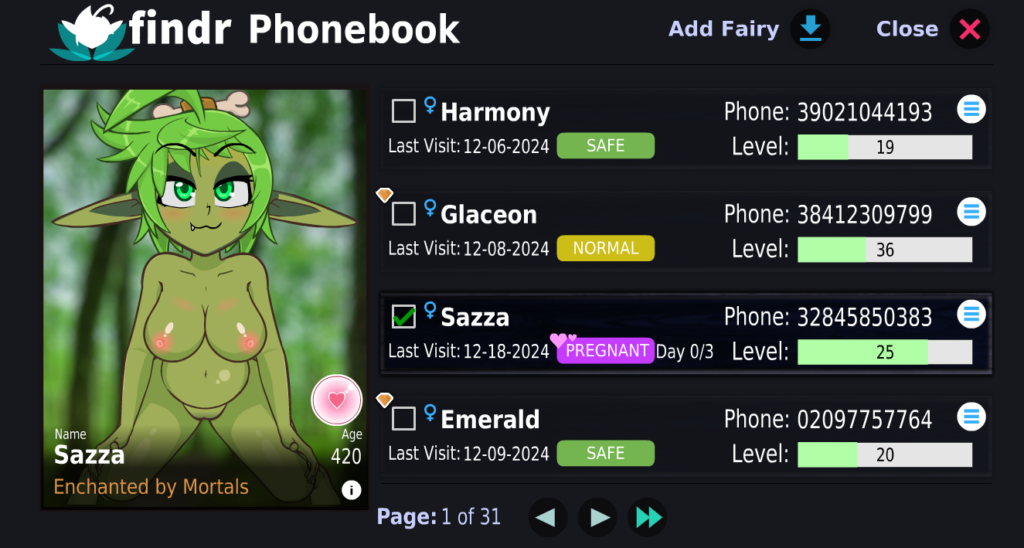 FINDR Phonebook showing Sazza as pregnant