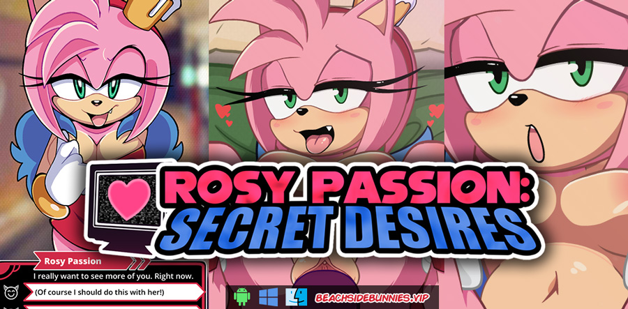 Rosy Passion: Secret Desires banner showing the visual novel portion and amy enjoying herself in the POV of you.