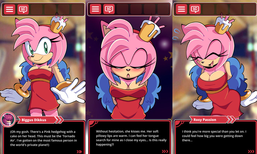 Rosy Passion's visual novel section, showing three screenshots during the game.